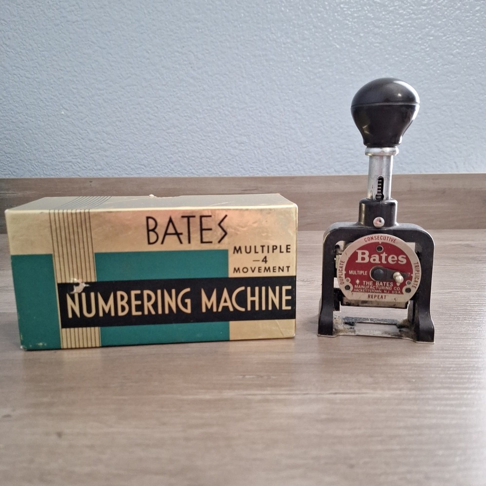 Vtg Bates Numbering Machine Multiple 4 Movement 6 Wheels Style E in Original Box